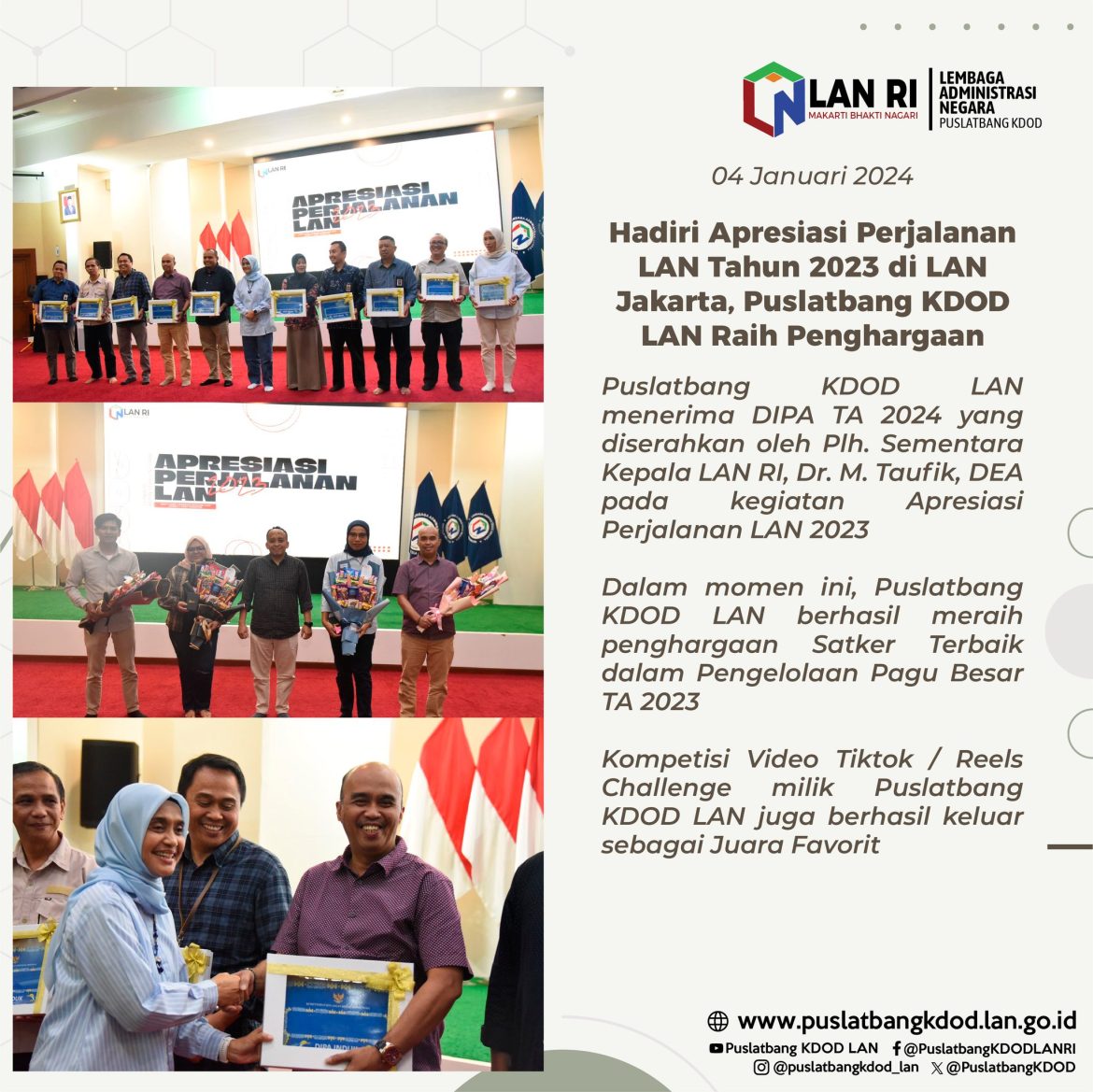 Hadiri Apresiasi Perjalanan LAN Tahun 2023 di LAN Jakarta, Puslatbang KDOD LAN Raih Penghargaan